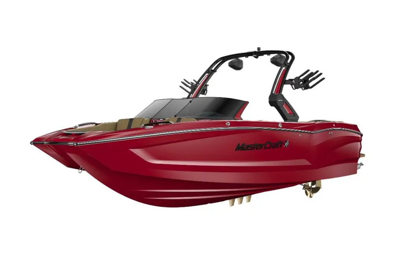 Slide: The Image of 2023 MasterCraft X24 boat in red with black accents and wakeboard tower. - 21