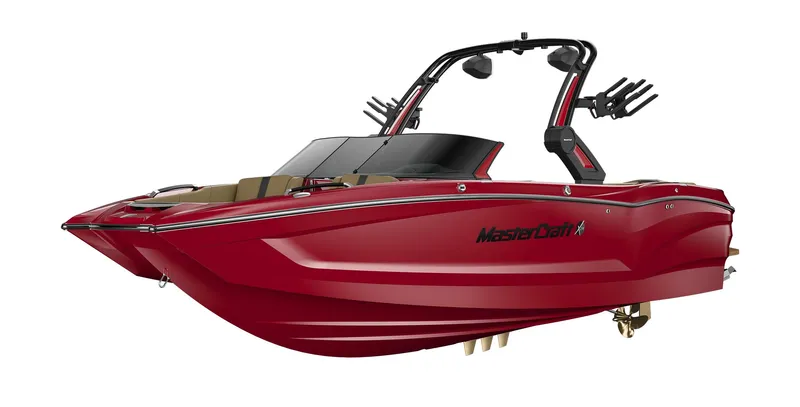 Slide: The Image of 2023 MasterCraft X24 boat in red with black accents and wakeboard tower. - 22