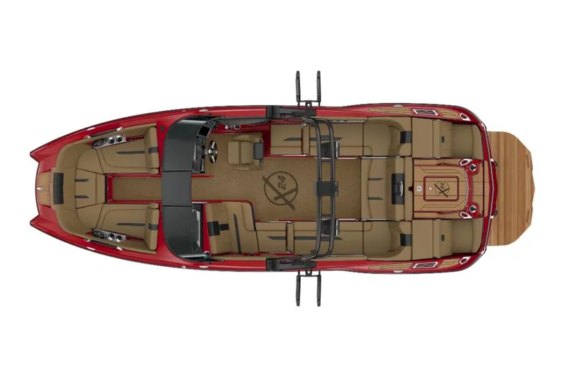 Slide: The Image of 2023 MasterCraft X24 boat, top view, red and tan interior, luxury seating arrangement. - 23