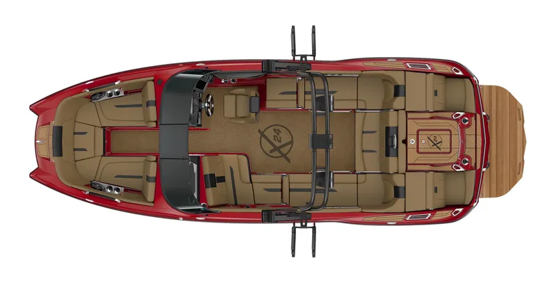 Slide: The Image of 2023 MasterCraft X24 boat interior, top view, red and tan upholstery. - 24