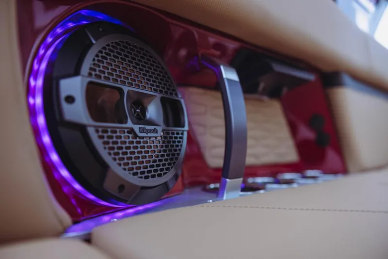 Slide: The Image of Close-up of 2023 MasterCraft X24 boat interior speaker with LED lighting. - 8