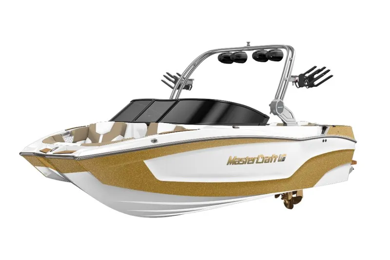 Slide: The Image of 2023 MasterCraft XT20 boat with gold and white design, sleek and modern. - 19