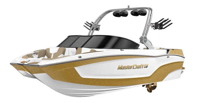 Slide: The Image of 2023 MasterCraft XT20 boat with gold and white design, wakeboard tower, and premium features. - 20