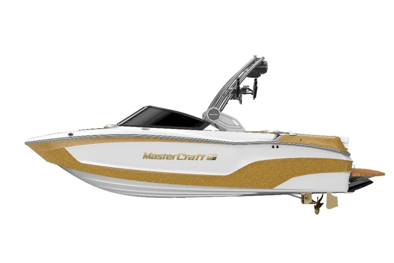 Slide: The Image of 2023 MasterCraft XT20 boat with gold and white design. - 21