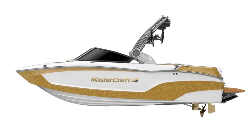 Slide: The Image of 2023 MasterCraft XT20 boat with gold and white design. - 22