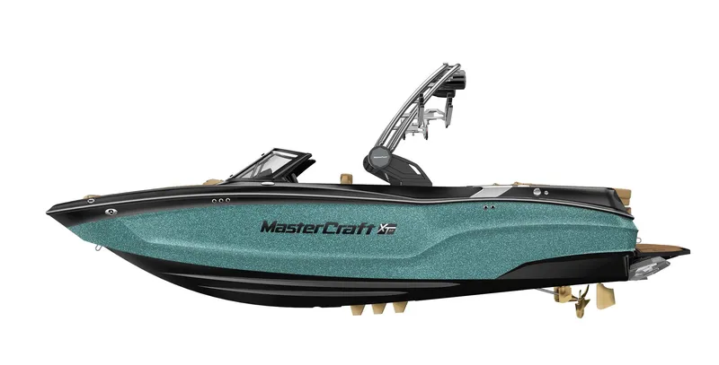 Slide: The Image of 2023 MasterCraft XT22 boat, side view, teal and black color scheme. - 20