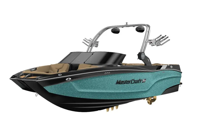 Slide: The Image of 2023 MasterCraft XT22 boat with teal and black exterior, sleek design, and advanced features. - 21
