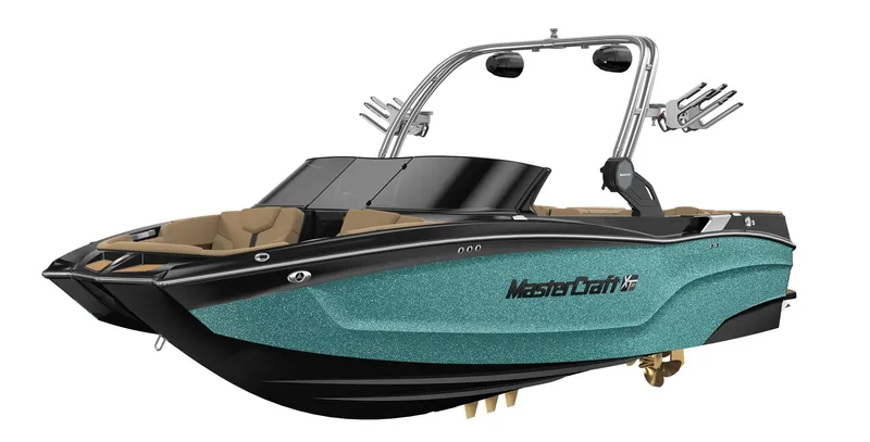 Slide: The Image of 2023 MasterCraft XT22 boat with teal and black exterior. - 22