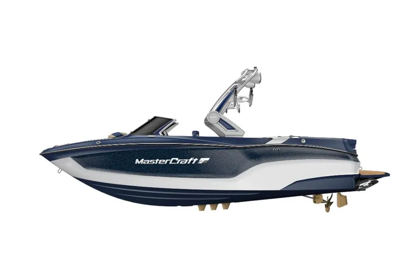 Slide: The Image of 2023 MasterCraft XT22 boat, side view, blue and white color scheme. - 27