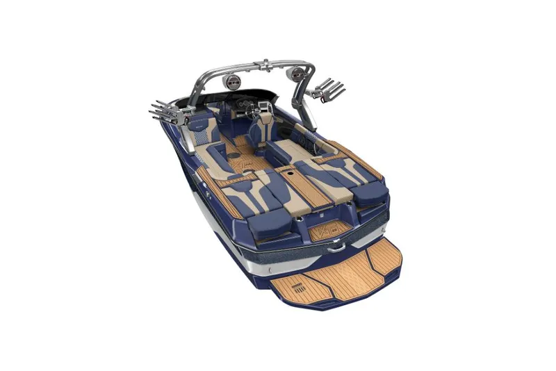 Slide: The Image of 2023 MasterCraft XT22 boat with blue and tan interior, rear view. - 29