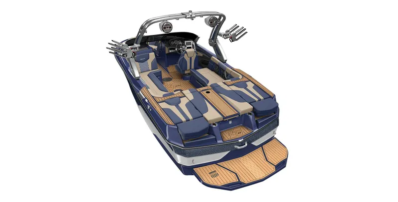 Slide: The Image of 2023 MasterCraft XT22 boat, blue and tan interior, rear view. - 30