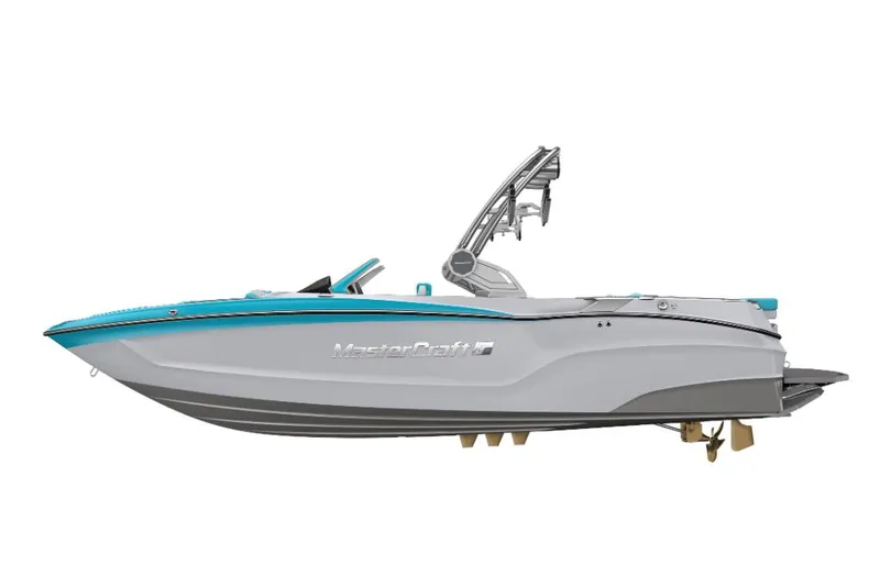 Slide: The Image of 2023 MasterCraft XT23 boat, side view, gray and turquoise, sleek design. - 19