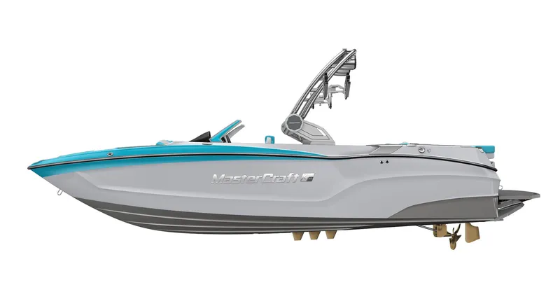 Slide: The Image of 2023 MasterCraft XT23 boat, side view, gray and blue color scheme. - 20