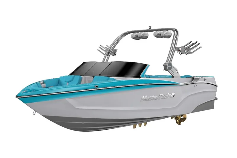 Slide: The Image of 2023 MasterCraft XT23 boat with turquoise and white design. - 21