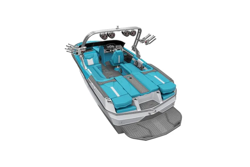 Slide: The Image of 2023 MasterCraft XT23 boat with turquoise interior and advanced wakeboard tower. - 23