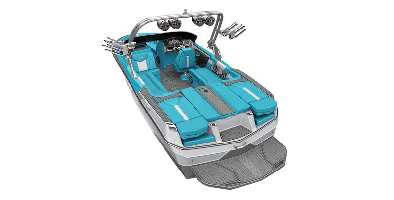 Slide: The Image of 2023 MasterCraft XT23 boat with turquoise seating and advanced wakeboard tower. - 24