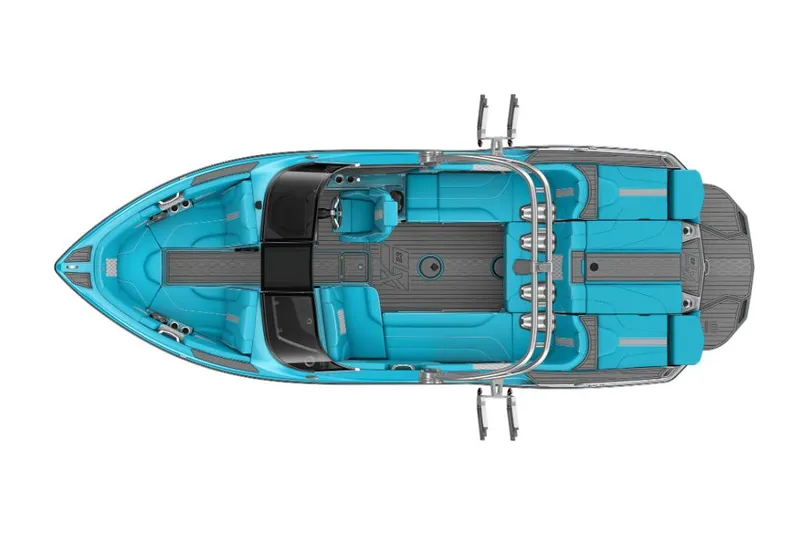 Slide: The Image of 2023 MasterCraft XT23 boat, top view, blue interior, spacious seating. - 25