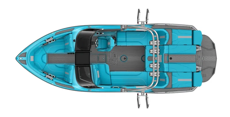 Slide: The Image of 2023 MasterCraft XT23 boat interior, top view, blue and gray seating. - 26
