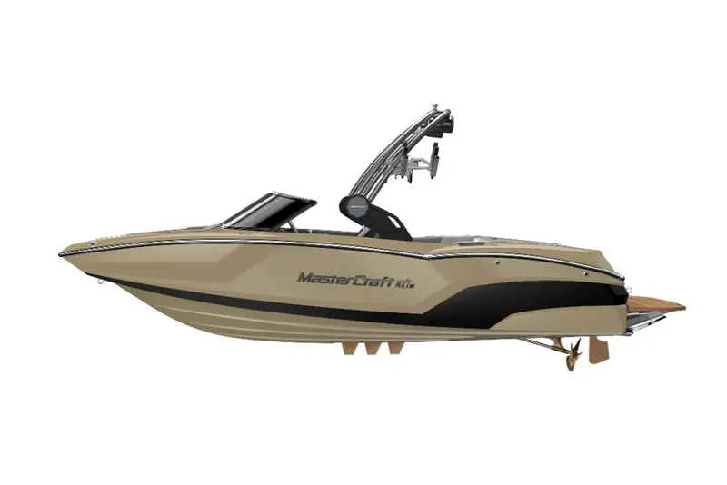 Slide: The Image of 2023 MasterCraft NXT20 boat, side view, beige and black design. - 17