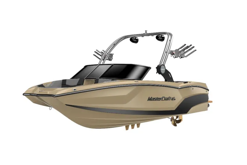 Slide: The Image of 2023 MasterCraft NXT20 boat with wakeboard tower and beige hull. - 19