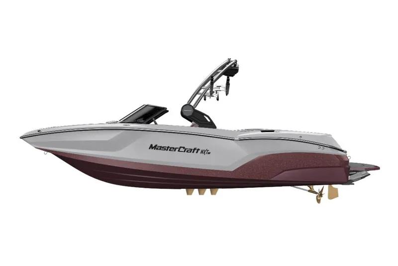 Slide: The Image of 2023 MasterCraft NXT22 boat, side view, white and maroon color scheme. - 16
