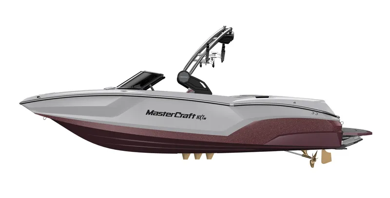 Slide: The Image of 2023 MasterCraft NXT22 boat, side view, white and maroon color scheme. - 17