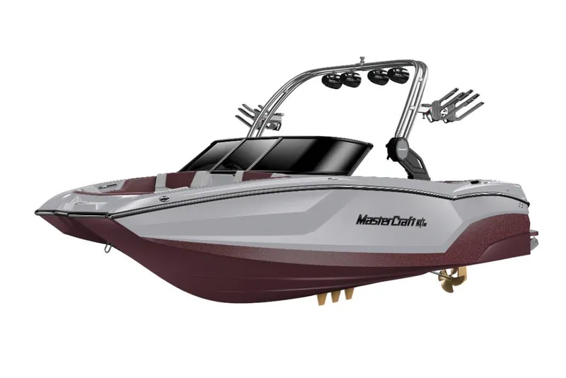 Slide: The Image of 2023 MasterCraft NXT22 boat with maroon and white design, wakeboard tower, and sleek hull. - 18