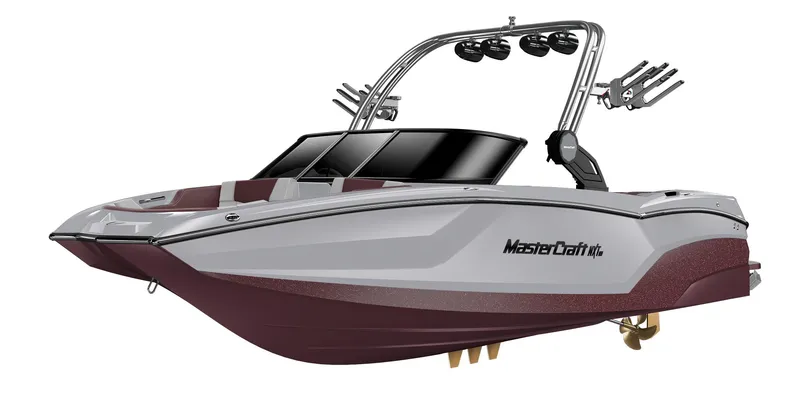 Slide: The Image of 2023 MasterCraft NXT22 boat with maroon and white exterior. - 19