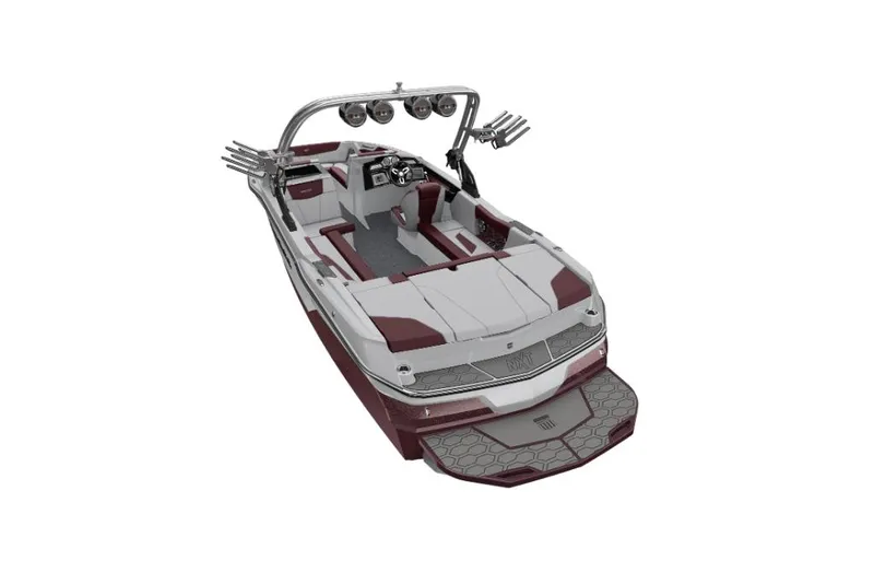 Slide: The Image of 2023 MasterCraft NXT22 boat, top view, white and maroon interior, sleek design. - 20