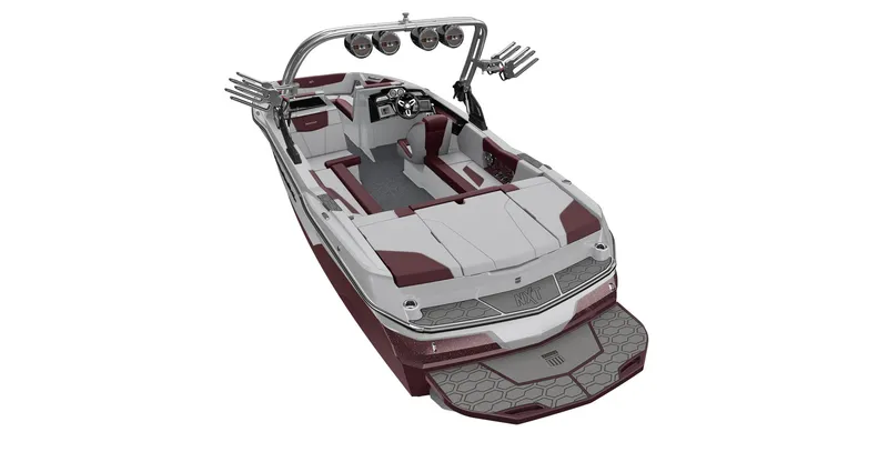 Slide: The Image of 2023 MasterCraft NXT22 boat, sleek design with red and white interior, advanced wakeboard tower. - 21