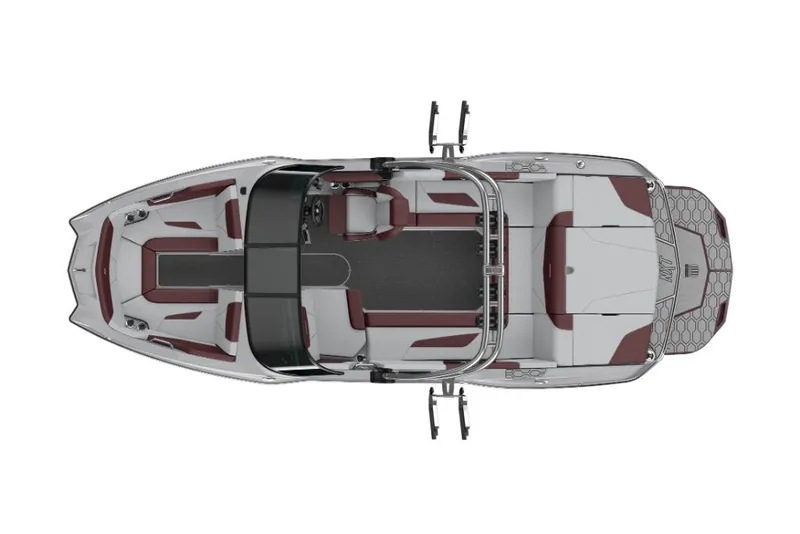 Slide: The Image of 2023 MasterCraft NXT22 boat, top view, white and maroon interior. - 22