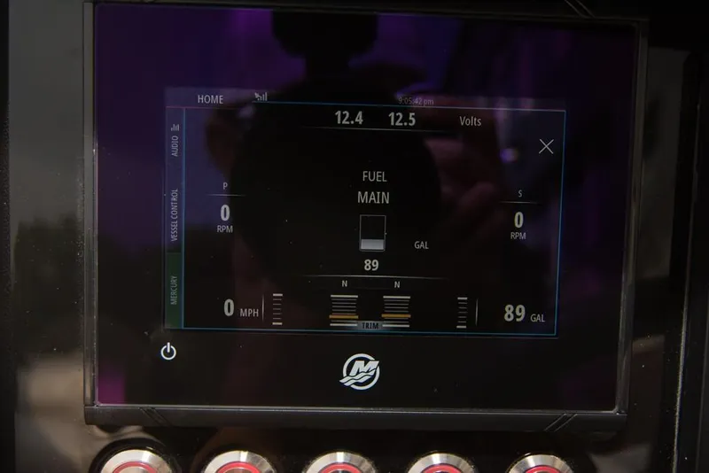 Slide: The Image of Dashboard display of a 2019 Donzi 41 GT showing fuel level and voltage. - 26