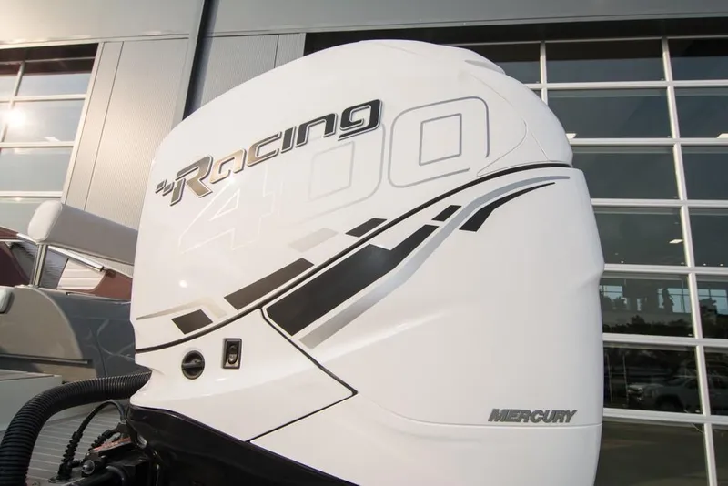 Slide: The Image of Close-up of a 2019 Donzi 41 GT Mercury Racing 400 outboard engine. - 4