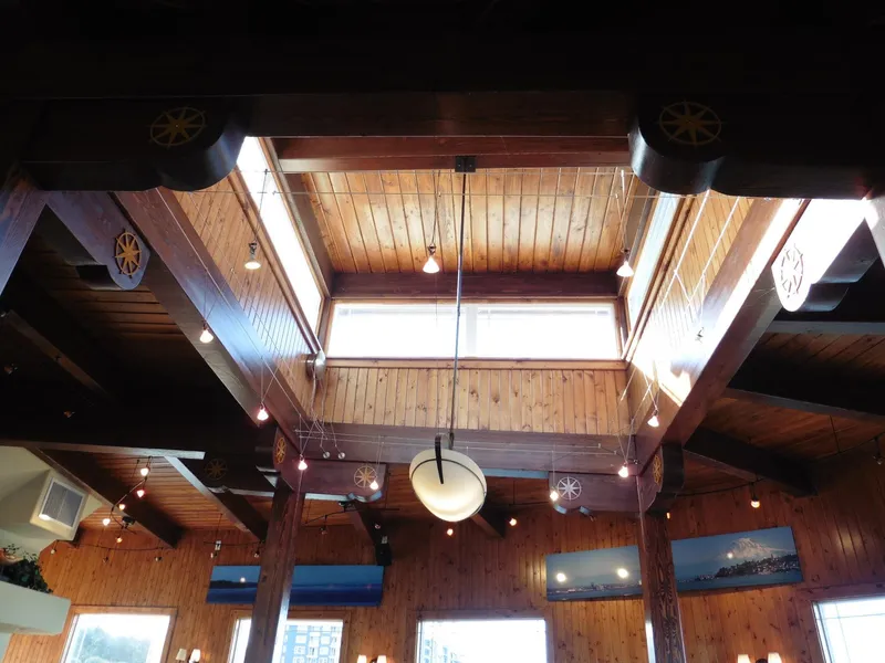Slide: The Image of Wooden ferry interior ceiling with skylight, Custom model, 1936, nautical decor, exposed beams, hanging lights. - 37