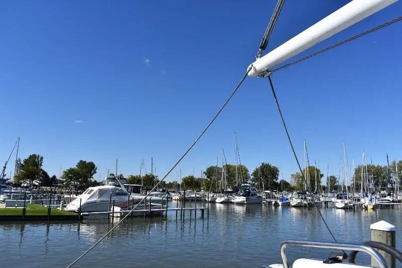 Slide: The Image of Marina with Grand Banks 49 Motoryacht, 1985, under sunny skies. - 28