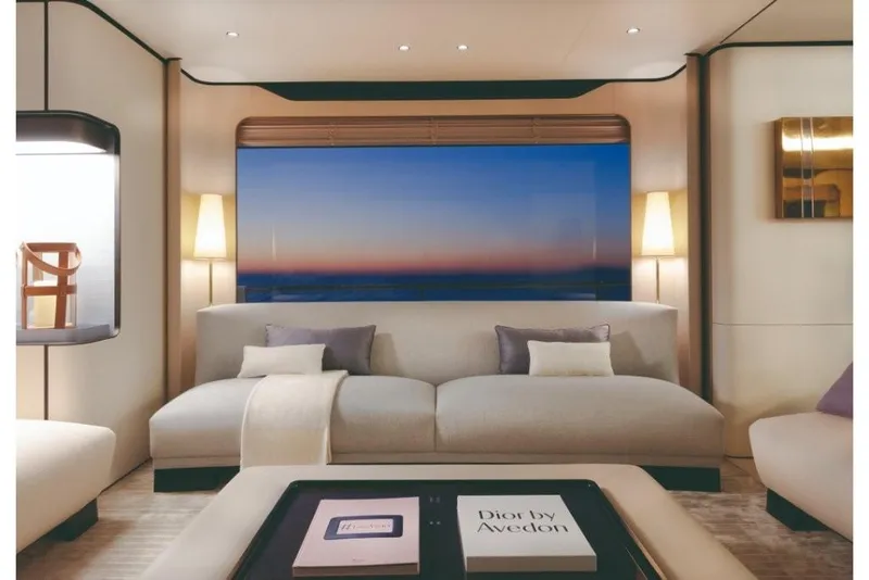 Slide: The Image of Luxurious interior of 2023 Azimut Grande 32 Metri yacht with elegant seating and ocean view. - 13