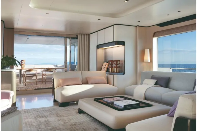 Slide: The Image of Luxurious interior of 2023 Azimut Grande 32 Metri yacht with modern furnishings and ocean view. - 14