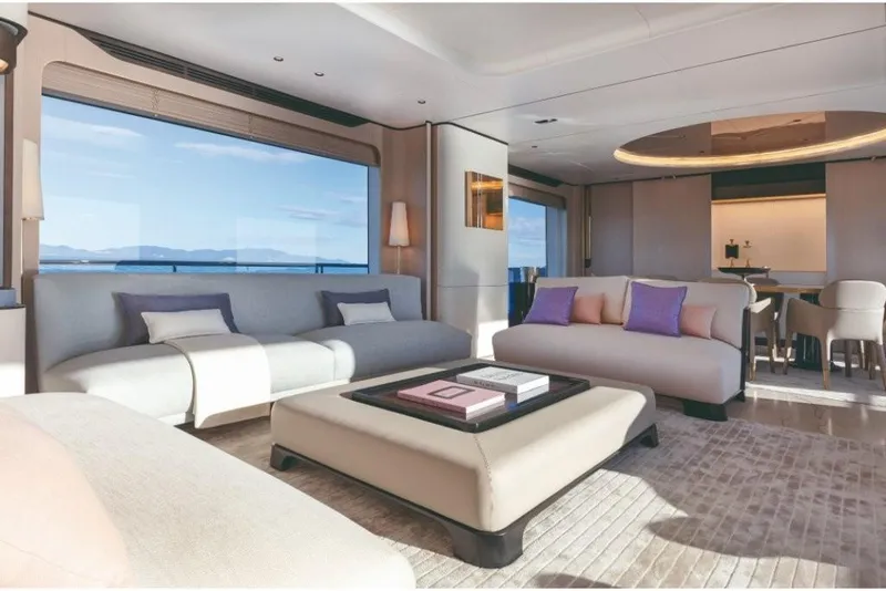 Slide: The Image of Luxurious interior of 2023 Azimut Grande 32 Metri yacht with modern furnishings and ocean view. - 15