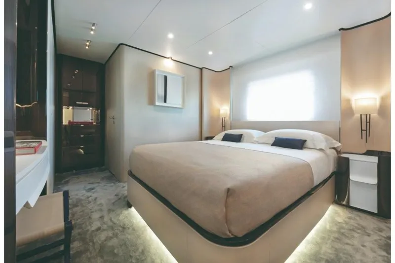 Slide: The Image of Luxurious bedroom on the 2023 Azimut Grande 32 Metri yacht with modern decor. - 34