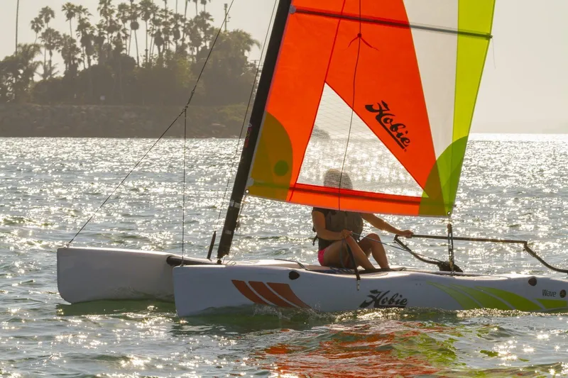 Slide: The Image of 2023 Hobie Cat Wave sailing on a sunny day with palm trees in the background. - 2