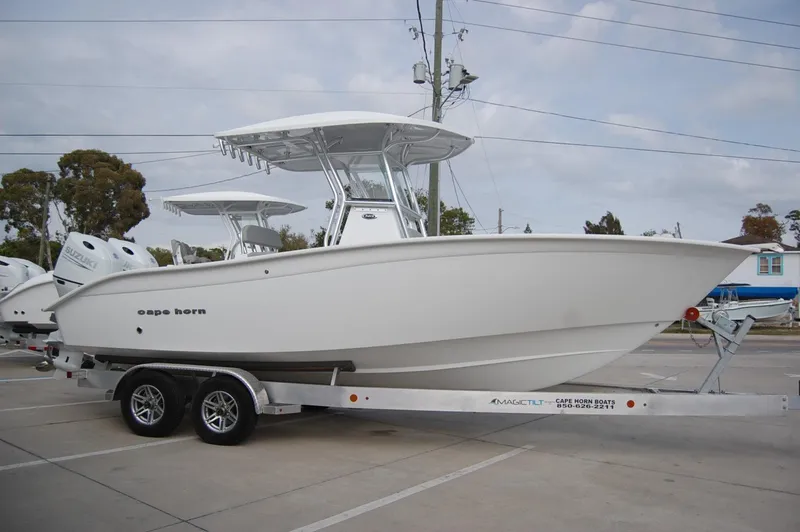 Slide: The Image of 2024 Cape Horn 24 XS boat on a trailer in a parking lot. - 2