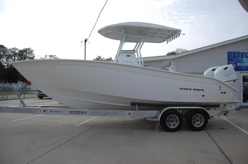 Slide: The Image of 2024 Cape Horn 24 XS boat on a trailer in a parking lot. - 5
