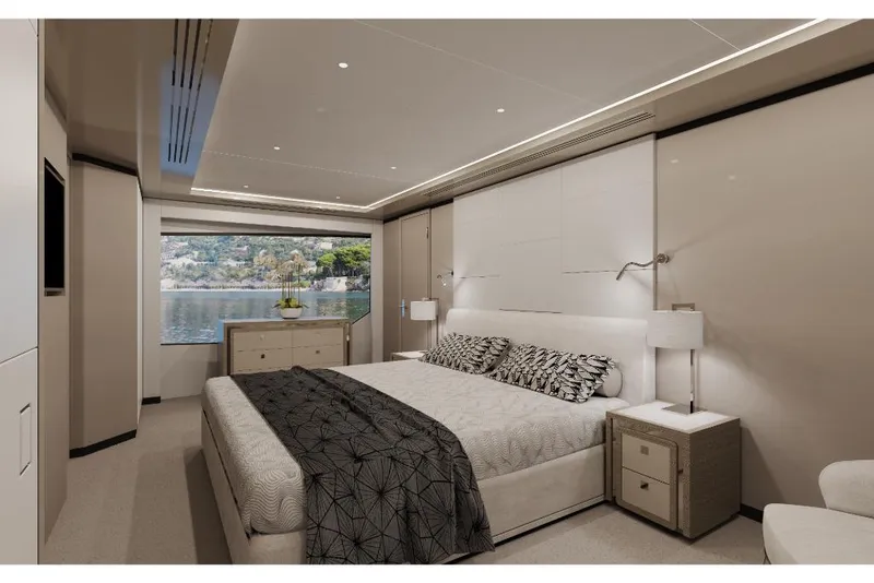 Slide: The Image of Luxurious bedroom interior of 2023 Ocean Alexander 30R yacht with scenic window view. - 10