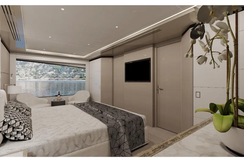 Slide: The Image of Luxurious bedroom interior of 2023 Ocean Alexander 30R yacht with scenic window view. - 11