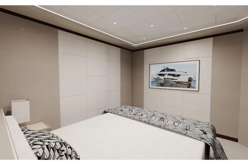 Slide: The Image of Modern bedroom interior on Ocean Alexander 30R 2023 yacht with yacht artwork. - 13