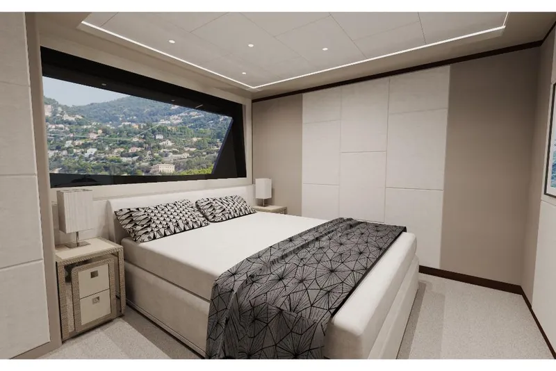 Slide: The Image of Luxurious bedroom interior of 2023 Ocean Alexander 30R yacht with scenic window view. - 14