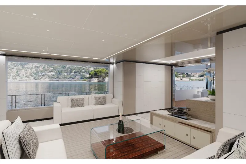 Slide: The Image of Luxurious interior of 2023 Ocean Alexander 30R yacht with scenic ocean view. - 15