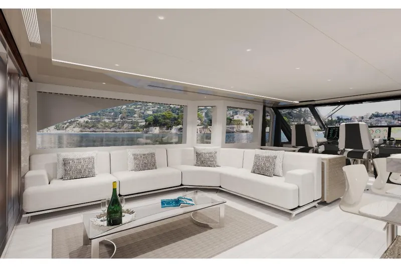 Slide: The Image of Luxurious interior of 2023 Ocean Alexander 30R yacht with panoramic windows and modern furnishings. - 17