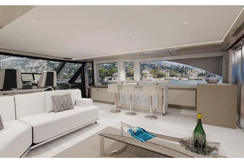 Slide: The Image of Luxurious interior of 2023 Ocean Alexander 30R yacht with modern furnishings and scenic views. - 18