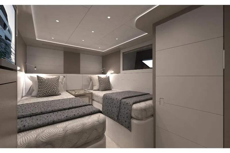 Slide: The Image of Luxurious twin bedroom in the 2023 Ocean Alexander 30R yacht. - 19